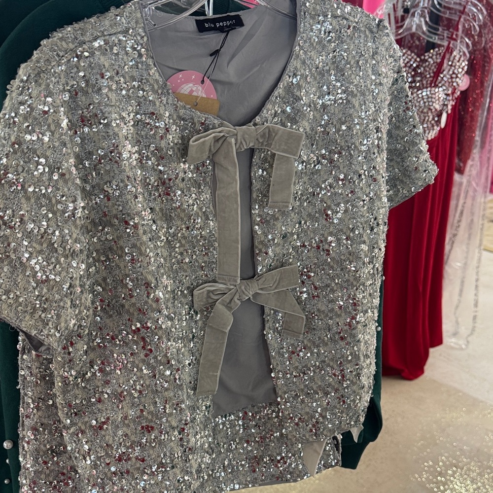 Blu Pepper Silver Sequin tweed set with Bows